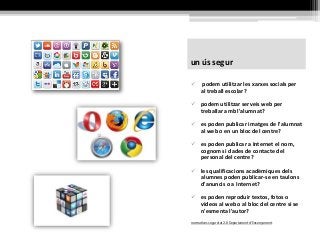 un ús segur
 podem utilitzar les xarxes socials per
al treball escolar?
 podem utilitzar serveis web per
treballar amb l'alumnat?
 es poden publicar imatges de l'alumnat
al web o en un bloc del centre?
 es poden publicar a Internet el nom,
cognoms i dades de contacte del
personal del centre?
 les qualificacions acadèmiques dels
alumnes poden publicar-se en taulons
d'anuncis o a Internet?
 es poden reproduir textos, fotos o
vídeos al web o al bloc del centre si se
n'esmenta l'autor?
normatives seguretat 2.0 Departament d'Ensenyament
 