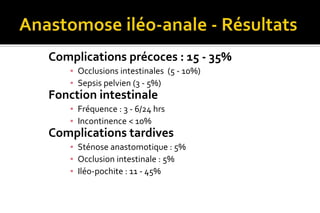 Complications précoces : 15 - 35% 
▪ Occlusions intestinales (5 - 10%) 
▪ Sepsis pelvien (3 - 5%) 
Fonction intestinale 
▪ Fréquence : 3 - 6/24 hrs 
▪ Incontinence < 10% 
Complications tardives 
▪ Sténose anastomotique : 5% 
▪ Occlusion intestinale : 5% 
▪ Iléo-pochite : 11 - 45% 
 