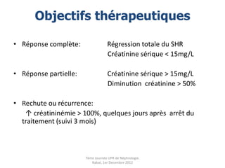Objectifs thérapeutiques

• Réponse complète:                Régression totale du SHR
                                   Créatinine sérique < 15mg/L

• Réponse partielle:               Créatinine sérique > 15mg/L
                                   Diminution créatinine > 50%

• Rechute ou récurrence:
   ↑ créatininémie > 100%, quelques jours après arrêt du
  traitement (suivi 3 mois)



                       7ème Journée UPR de Néphrologie.
                          Rabat, 1er Decembre 2012
 