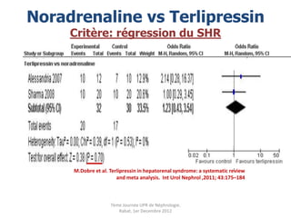Noradrenaline vs Terlipressin
     Critère: régression du SHR




     M.Dobre et al. Terlipressin in hepatorenal syndrome: a systematic review
                       and meta analysis. Int Urol Nephrol ,2011; 43:175–184



                    7ème Journée UPR de Néphrologie.
                       Rabat, 1er Decembre 2012
 