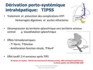 Dérivation porto-systémique
 intrahépatique: TIPSS
• Traitement et prévention des complications HTP:
         hémorragies digestives et ascites réfractaires

• Décompression du territoire splanchnique vers territoire veineux
  central: ↓ Vasodilatation splanchnique

• Effets hémodynamiques:
   - ↑ Na+U, ↑Diurèse
   - Amélioration fonction rénale, ↑Na+P

• Effet tardif: 2-4 semaines après TIPS
      M. Rossle, A L Gerbes . TIPS for the treatment of refractory ascites, HRS and hepatic hydrothorax:
                                                                 A critical update. Gut 2010;59:988-1000
                                       7ème Journée UPR de Néphrologie.
                                          Rabat, 1er Decembre 2012
 