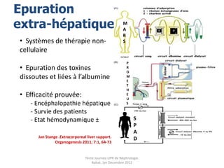 Epuration
extra-hépatique                                       M
                                                      A
                                                      R
• Systèmes de thérapie non-                           S
cellulaire
                                                        P
• Epuration des toxines                                 R
                                                        O
dissoutes et liées à l’albumine                         M
                                                        E
                                                        T
                                                        H
• Efficacité prouvée:                                   E
                                                        U
   - Encéphalopathie hépatique                          S

   - Survie des patients
   - Etat hémodynamique ±                                   S
                                                            P
                                                            A
      Jan Stange .Extracorporeal liver support.             D
               Organogenesis 2011; 7:1, 64-73


                                7ème Journée UPR de Néphrologie.
                                   Rabat, 1er Decembre 2012
 