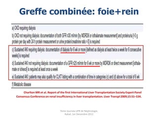 Greffe combinée: foie+rein




     Charlton MR et al. Report of the first International Liver Transplantation Society Expert Panel
Consensus Conference on renal insufficiency in liver transplantation. Liver Transpl 2009;15:S1–S34.



                                  7ème Journée UPR de Néphrologie.
                                     Rabat, 1er Decembre 2012
 