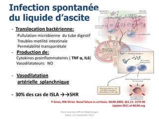 Infection spontanée
du liquide d’ascite
- Translocation bactérienne:
  Pullulation microbienne du tube digestif
  Troubles motilité intestinale
  Perméabilité transpariétale
- Production de:
  Cytokines proinflammatoires ( TNF α, IL6)
  Vasodilatateurs: NO

- Vasodilatation
  artérielle splanchnique

- 30% des cas de ISLA →→SHR
                     P Gines, RW Shrier. Renal failure in cirrhosis. NEJM 2009; 361,13: 1279-90
                                                                       Update 2011 at NEJM.org

                            7ème Journée UPR de Néphrologie.
                               Rabat, 1er Decembre 2012
 