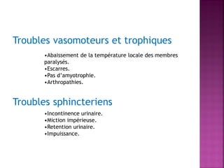 Troubles vasomoteurs et trophiques
•Abaissement de la température locale des membres
paralysés.
•Escarres.
•Pas d’amyotrophie.
•Arthropathies.

Troubles sphincteriens
•Incontinence urinaire.
•Miction impérieuse.
•Retention urinaire.
•Impuissance.

 