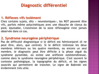 Diagnostic différentiel
1. Réflexes vifs isolément
Chez certains sujets, dits « neurotoniques», les ROT peuvent être
vifs, parfois même polycinétiques avec une ébauche de clonus du
pied, épuisable, L'extension de la zone réflexogène n'est jamais
observée dans ce cas.

2. Syndrome neurogène périphérique
Pas de difficulté diagnostique si le déficit est hémicorporel (il ne
peut être, alors, que central). Si le déficit intéresse les deux
membres inférieurs ou les quatre membres, ou encore un seul
membre, le diagnostic peut être difficile à la phase aiguë du
syndrome pyramidal, où existe une aréflexie ostéotendineuse,
comme dans le syndrome neurogène périphérique. C'est souvent le
contexte pathologique, la topographie du déficit, et les signes
associés qui permettent de trancher. Le signe de Babinski est
évidemment très utile.

 