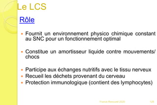 Le LCS
Rôle
 Fournit un environnement physico chimique constant
au SNC pour un fonctionnement optimal
 Constitue un amortisseur liquide contre mouvements/
chocs
 Participe aux échanges nutritifs avec le tissu nerveux
 Recueil les déchets provenant du cerveau
 Protection immunologique (contient des lymphocytes)
129Franck Rencurel 2020
 