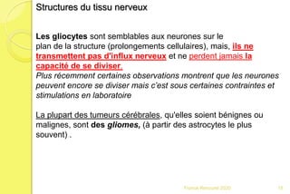 Franck Rencurel 2020 15
Structures du tissu nerveux
Les gliocytes sont semblables aux neurones sur le
plan de la structure (prolongements cellulaires), mais, ils ne
transmettent pas d'influx nerveux et ne perdent jamais la
capacité de se diviser.
Plus récemment certaines observations montrent que les neurones
peuvent encore se diviser mais c’est sous certaines contraintes et
stimulations en laboratoire
La plupart des tumeurs cérébrales, qu'elles soient bénignes ou
malignes, sont des gliomes, (à partir des astrocytes le plus
souvent) .
 