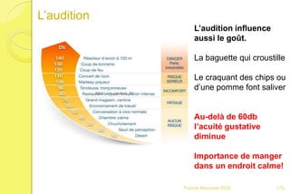 Franck Rencurel 2020
L’audition
L’audition influence
aussi le goût.
La baguette qui croustille
Le craquant des chips ou
d’une pomme font saliver
Au-delà de 60db
l’acuité gustative
diminue
Importance de manger
dans un endroit calme!
170
 