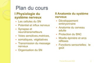 Plan du cours
I Physiologie du
système nerveux
 Les cellules du SN
 Potentiel et influx nerveux
 Synapse et
neurotransmetteurs
 Voies sensitives,motrices,
 somatiques, végétatives
 Transmission du message
nerveux
 Organisation du SN
II Anatomie du système
nerveux
 Développement
embryonnaire
 Anatomie du cerveau
adulte
 Protection du SNC
 Moelle épinière et arcs
réflexes
 Fonctions sensorielles: le
goût
2Franck Rencurel 2020
 