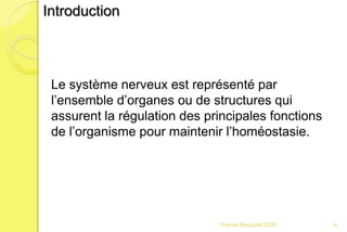 Franck Rencurel 2020 4
Le système nerveux est représenté par
l’ensemble d’organes ou de structures qui
assurent la régulation des principales fonctions
de l’organisme pour maintenir l’homéostasie.
Introduction
 