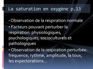 La saturation en oxygène p.13 
• Observation de la respiration normale 
• Facteurs pouvant perturber la 
respiration: physiologiques, 
psychologiques, socioculturels et 
pathologiques 
• Observation de la respiration perturbée: 
fréquence, rythme, amplitude, la toux, 
les expectorations… 
 