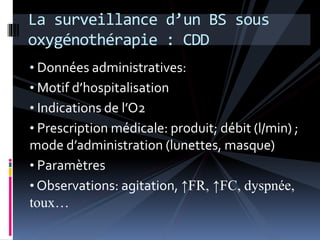 La surveillance d’un BS sous 
oxygénothérapie : CDD 
• Données administratives: 
• Motif d’hospitalisation 
• Indications de l’O2 
• Prescription médicale: produit; débit (l/min) ; 
mode d’administration (lunettes, masque) 
• Paramètres 
• Observations: agitation, ↑FR, ↑FC, dyspnée, 
toux… 
 