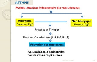 ASTHME
Maladie chronique inflammatoire des voies aériennes
Allergique
Présence d’IgE
Non Allergique
Absence d’IgE
Présence de T Helper
Sécrétion d’interleukines (IL-4, IL-5, IL-13)
Activation des mastocytes
Accumulation d’eosinophiles
dans les voies respiratoires
108Franck Rencurel 2020
 