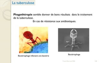 Phagothérapie semble donner de bons résultats dans le traitement
de la tuberculose.
En cas de résistance aux antibiotiques.
La tuberculose
Bactériophage
Bactériophage infectant une bactérie
128Franck Rencurel 2020
 