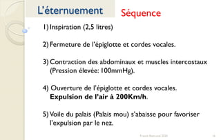 16Franck Rencurel 2020
L’éternuement
1)Inspiration (2,5 litres)
2)Fermeture de l’épiglotte et cordes vocales.
3)Contraction des abdominaux et muscles intercostaux
(Pression élevée: 100mmHg).
4) Ouverture de l’épiglotte et cordes vocales.
Expulsion de l’air à 200Km/h.
5)Voile du palais (Palais mou) s’abaisse pour favoriser
l’expulsion par le nez.
Séquence
 