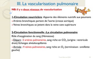 49Franck Rencurel 2020
III. La vascularisation pulmonaire
NB: il y a deux réseaux de vascularisation
1-Circulation nourricière :Apporte des éléments nutritifs aux poumons
Artères bronchiques partent de l’aorte (crosse aortique)
Veines bronchiques se jettent dans la veine cave supérieure
2-Circulation fonctionnelle : La circulation pulmonaire
Rôle d’oxygénation du sang (Hématose)
Départ : 2 artères pulmonaires, sang riche en CO2 (origine : ventricule
droit) Echanges alvéolocapillaires
Arrivée : 4 veines pulmonaires, sang riche en O2 (terminaison : oreillette
gauche)
 
