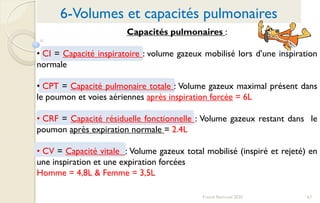 67Franck Rencurel 2020
Capacités pulmonaires :
• CI = Capacité inspiratoire : volume gazeux mobilisé lors d’une inspiration
normale
• CPT = Capacité pulmonaire totale : Volume gazeux maximal présent dans
le poumon et voies aériennes après inspiration forcée = 6L
• CRF = Capacité résiduelle fonctionnelle : Volume gazeux restant dans le
poumon après expiration normale = 2.4L
• CV = Capacité vitale : Volume gazeux total mobilisé (inspiré et rejeté) en
une inspiration et une expiration forcées
Homme = 4,8L & Femme = 3,5L
6-Volumes et capacités pulmonaires
 