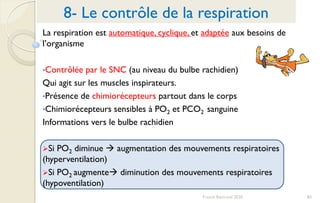 83Franck Rencurel 2020
La respiration est automatique, cyclique, et adaptée aux besoins de
l’organisme
•Contrôlée par le SNC (au niveau du bulbe rachidien)
Qui agit sur les muscles inspirateurs.
•Présence de chimiorécepteurs partout dans le corps
•Chimiorécepteurs sensibles à PO2 et PCO2 sanguine
Informations vers le bulbe rachidien
Si PO2 diminue  augmentation des mouvements respiratoires
(hyperventilation)
Si PO2 augmente diminution des mouvements respiratoires
(hypoventilation)
8- Le contrôle de la respiration
 