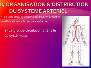  Il existe deux systèmes circulatoires branchés
en dérivation sur la pompe cardiaque:
2- La grande circulation artérielle
ou systémique.
 