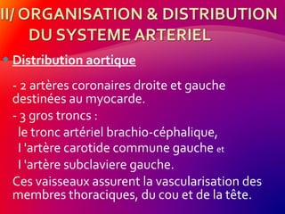  Distribution aortique
- 2 artères coronaires droite et gauche
destinées au myocarde.
- 3 gros troncs :
le tronc artériel brachio-céphalique,
I 'artère carotide commune gauche et
I 'artère subclaviere gauche.
Ces vaisseaux assurent la vascularisation des
membres thoraciques, du cou et de la tête.
 