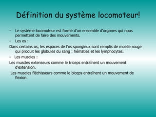 Définition du système locomoteur! Le système locomoteur est formé d'un ensemble d'organes qui nous permettent de faire des mouvements.  Les os : Dans certains os, les espaces de l’os spongieux sont remplis de moelle rouge qui produit les globules du sang : hématies et les lymphocytes. -  Les muscles :  Les muscles extenseurs comme le triceps entraînent un mouvement d'extension. Les muscles fléchisseurs comme le biceps entraînent un mouvement de flexion.  