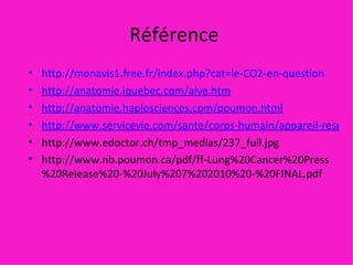 Référence  http://monavis1.free.fr/index.php?cat=le-CO2-en-question http://anatomie.iquebec.com/alve.htm http://anatomie.haplosciences.com/poumon.html http://www.servicevie.com/sante/corps-humain/appareil-respiratoire-bronche-droite/19/definition/446#def http:// www.edoctor.ch/tmp_medias/237_full.jpg http://www.nb.poumon.ca/pdf/ff-Lung%20Cancer%20Press%20Release%20-%20July%207%202010%20-%20FINAL.pdf 