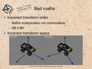 Bad maths
● Incorrect transform order
– Matrix multiplication not commutative
– AB ≠ BA
● Incorrect transform space
Source: http://leadwerks.com/wiki/index.php?title=TFormQuat
 
