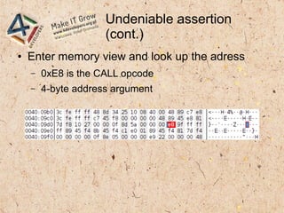Undeniable assertion
(cont.)
● Enter memory view and look up the adress
– 0xE8 is the CALL opcode
– 4-byte address argument
 