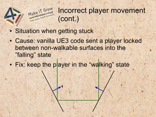 Incorrect player movement
(cont.)
● Situation when getting stuck
● Cause: vanilla UE3 code sent a player locked
between non-walkable surfaces into the
”falling” state
● Fix: keep the player in the “walking” state
 