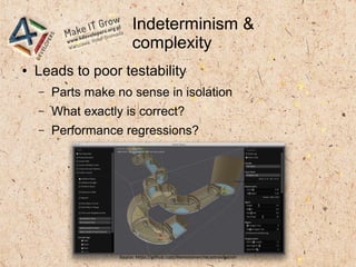 Indeterminism &
complexity
● Leads to poor testability
– Parts make no sense in isolation
– What exactly is correct?
– Performance regressions?
Source: https://github.com/memononen/recastnavigation
 