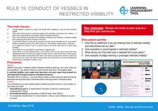 Health, Safety, Security and Environment
COLREGS – May 2018
Discussion points:
1. How will you determine if you are entering area of restricted visibility
and what actions will you take?
2. Give examples on sound signals in restricted visibility?
3. What will you do if the other ship is detected aft of your beam?
4. Give example of bridge manning in prolonged restricted visibility?
Key message: Always be ready to give way to a
ship that you cannot see.
The main issues:
a) This Rule applies to vessels not in sight of one another when navigating in or near an area of restricted
visibility.
b) Every vessel shall proceed at a safe speed adapted to the prevailing circumstances and conditions… A
power-driven vessel shall have her engines ready for immediate manoeuvre.
c) Every vessel shall have due regard to the prevailing circumstances and conditions of restricted visibility
when complying with the Rules of Section I of this Part.
d) A vessel which detects by radar alone the presence of another vessel shall determine if a close quarters
situation is developing and/or risk of collision exists. If so, she shall take avoiding action in ample time…:
(i) an alteration of course to port for a vessel forward of the beam, other than for a vessel being
overtaken;
(ii) an alteration of course towards a vessel abeam or abaft the beam.
e) Except where it has been determined that a risk of collision does not exist, every vessel which hears
apparently forward of her beam the fog signal of another vessel, or which cannot avoid a close-quarters
situation with another vessel forward of her beam, shall reduce her speed to the minimum at which she
can be kept on her course. She shall if necessary take all her way off and in any event navigate with
extreme caution until danger of collision is over.
Processes:
Always
Different rules apply in restricted visibility. Restricted visibility includes fog, mist, snow, heavy rain
and sandstorms – any situation where you cannot see the other ship or its navigation lights.
In restricted visibility, every vessel must take action and every vessel must proceed at a
safe speed with its engines ready for immediate manoeuvre.
Remember Rule 5 on look-out – you must always maintain a proper lookout by sight and hearing.
Adequate manning levels shall be maintained while conducting vessel in restricted visibility.
Ensure
You must assess if your ship is getting close to another ship and/or if there is a risk of collision. In
both cases you should:
• Avoid altering to port for a vessel forward of the beam, except for a vessel you are
overtaking (Rule 19(d)(i)).
• Avoid altering towards any ship abeam or abaft the beam (Rule 19(d)(ii)).
• You should also remember Rule 7 on risk of collision – there is a risk of collision if you are in
any doubt.
RULE 19: CONDUCT OF VESSELS IN
RESTRICTED VISIBILITY
COLREGs- May 2018
 