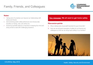 Health, Safety, Security and Environment
COLREGS – May 2018
Family, Friends, and Colleagues
Discussion points:
1. Why is taking care of yourself important for your home life?
2. How can we set good examples of safety for our friends and
colleagues so that we can all go back safely to our families?
Key message: We all want to get home safely
Notes:
• Taking care of ourselves can improve our relationships with
family and friends
• Demonstrating better safety behaviours and choices also
benefits our family, crew, and others too
• Achieving work/life balance is important in keeping the mind and
body primed to deal with challenging situations
COLREGs- May 2018
 