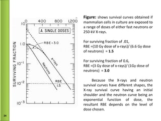 Figure:   shows survival curves obtained if  mammalian cells in culture are exposed to a range of doses of either fast neutrons or 250-kV X-rays.  For surviving fraction of .01,  RBE =(10 Gy dose of x-rays)/ (6.6 Gy dose of neutrons)  =  1.5 For surviving fraction of 0.6,  RBE =(3 Gy dose of x-rays)/ (1Gy dose of neutrons)  =  3.0 Because the X-rays and neutron survival curves have different shapes, the X-ray survival curve having an initial shoulder and the neutron curve being an exponential function of dose, the resultant RBE depends on the level of  dose chosen. 