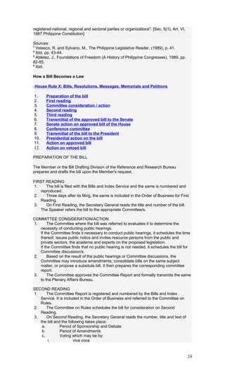 registered national, regional and sectoral parties or organizations". [Sec. 5(1), Art. VI,
1987 Philippine Constitution]
Sources:
1
Velasco, R. and Sylvano, M., The Philippine Legislative Reader, (1989), p. 41.
2
Ibid, pp. 43-44.
3
Abletez, J., Foundations of Freedom (A History of Philippine Congresses), 1989, pp.
82-85.
4
Ibid.
How a Bill Becomes a Law
House Rule X: Bills, Resolutions, Messages, Memorials and Petitions
1. Preparation of the bill
2. First reading
3. Committee consideration / action
4. Second reading
5. Third reading
6. Transmittal of the approved bill to the Senate
7. Senate action on approved bill of the House
8. Conference committee
9. Transmittal of the bill to the President
10. Presidential action on the bill
11. Action on approved bill
12. Action on vetoed bill
PREPARATION OF THE BILL
The Member or the Bill Drafting Division of the Reference and Research Bureau
prepares and drafts the bill upon the Member's request.
FIRST READING
1. The bill is filed with the Bills and Index Service and the same is numbered and
reproduced.
2. Three days after its filing, the same is included in the Order of Business for First
Reading.
3. On First Reading, the Secretary General reads the title and number of the bill.
The Speaker refers the bill to the appropriate Committee/s.
COMMITTEE CONSIDERATION/ACTION
1. The Committee where the bill was referred to evaluates it to determine the
necessity of conducting public hearings.
If the Committee finds it necessary to conduct public hearings, it schedules the time
thereof, issues public notics and invites resource persons from the public and
private sectors, the academe and experts on the proposed legislation.
If the Committee finds that no public hearing is not needed, it schedules the bill for
Committee discussion/s.
2. Based on the result of the public hearings or Committee discussions, the
Committee may introduce amendments, consolidate bills on the same subject
matter, or propose a subsitute bill. It then prepares the corresponding committee
report.
3. The Committee approves the Committee Report and formally transmits the same
to the Plenary Affairs Bureau.
SECOND READING
1. The Committee Report is registered and numbered by the Bills and Index
Service. It is included in the Order of Business and referred to the Committee on
Rules.
2. The Committee on Rules schedules the bill for consideration on Second
Reading.
3. On Second Reading, the Secretary General reads the number, title and text of
the bill and the following takes place:
a. Period of Sponsorship and Debate
b. Period of Amendments
c. Voting which may be by:
i. viva voce
24
 