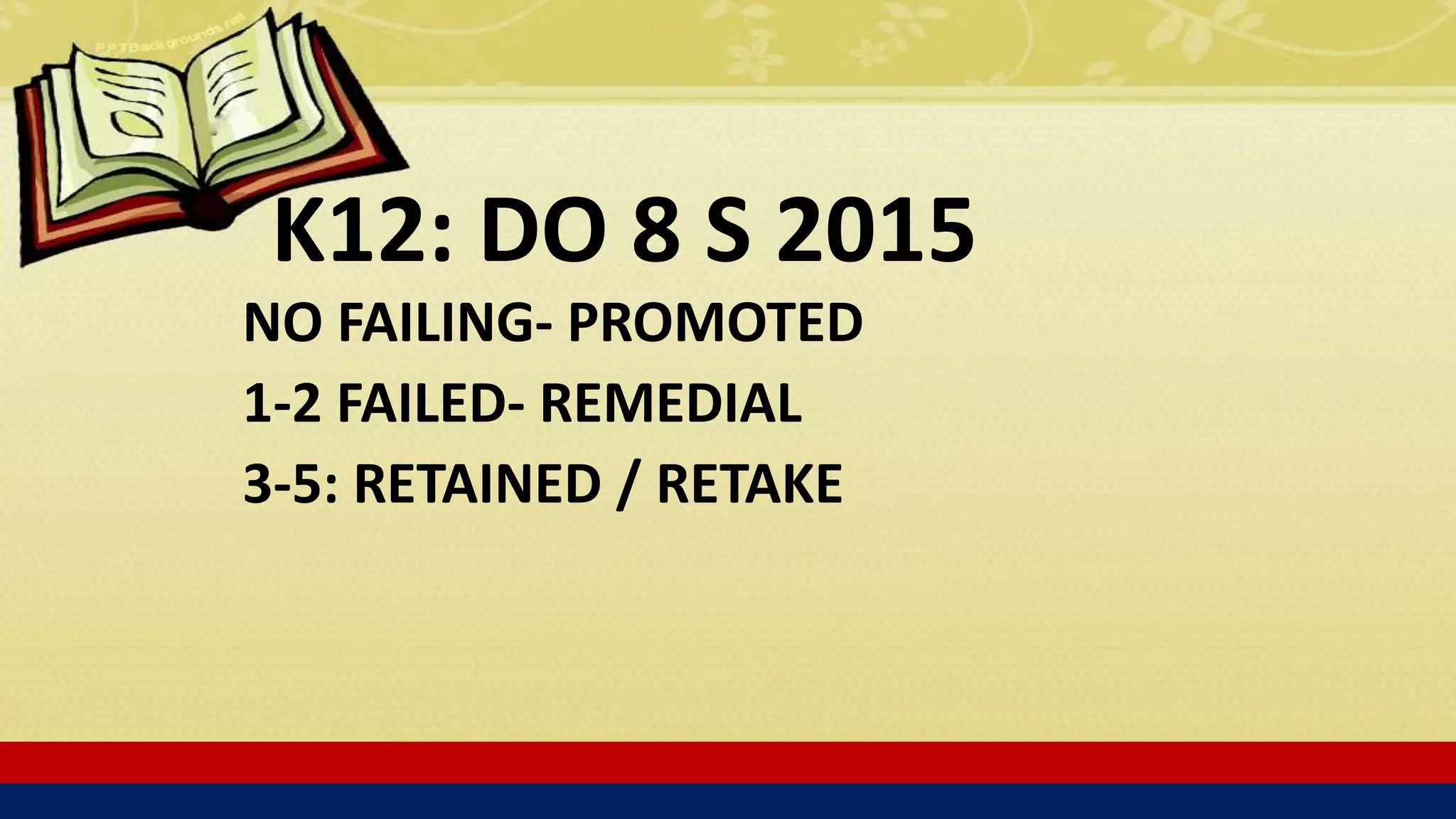 K12: DO 8 S 2015
NO FAILING- PROMOTED
1-2 FAILED- REMEDIAL
3-5: RETAINED / RETAKE
 