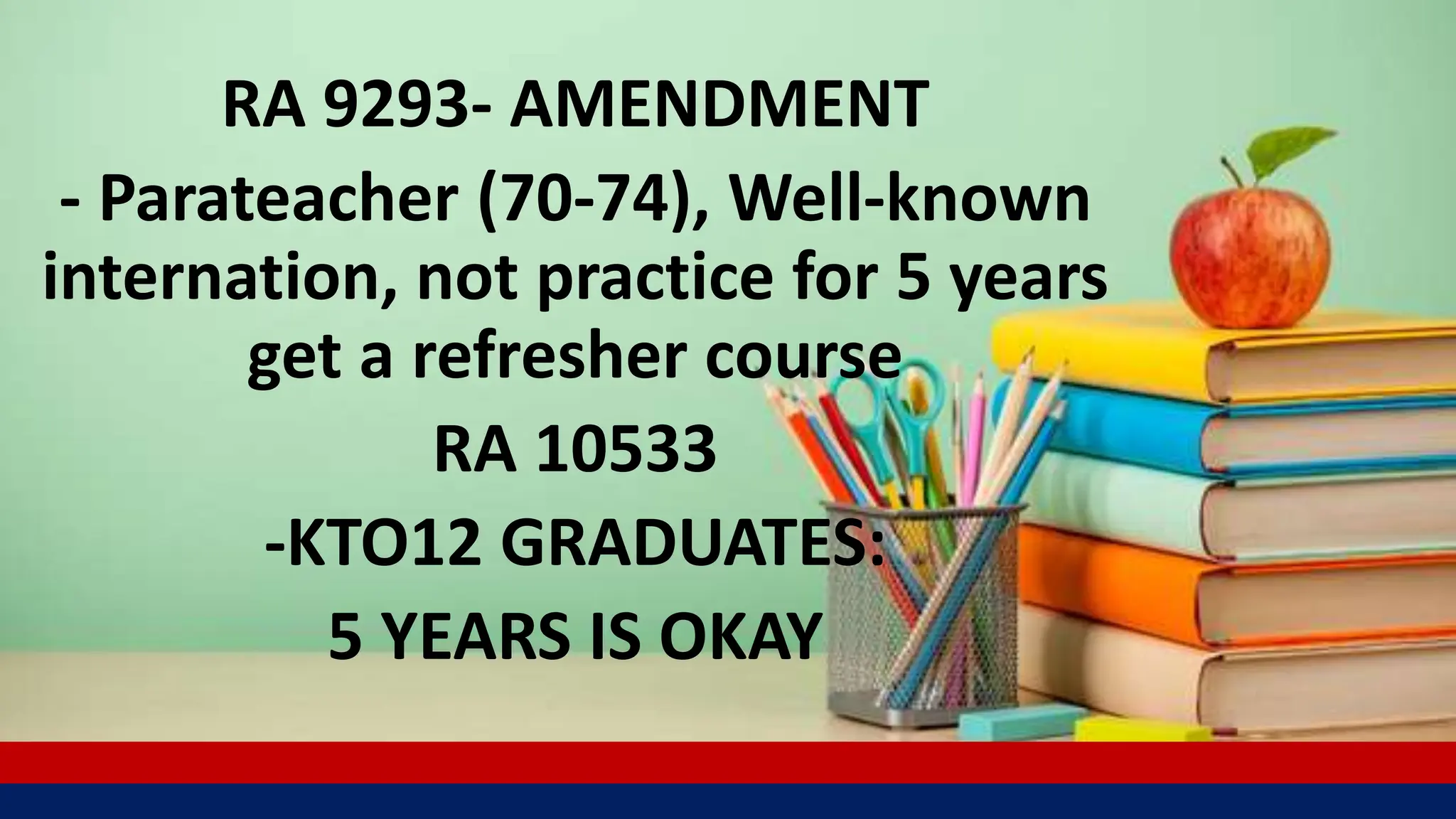 RA 9293- AMENDMENT
- Parateacher (70-74), Well-known
internation, not practice for 5 years
get a refresher course
RA 10533
-KTO12 GRADUATES:
5 YEARS IS OKAY
 