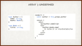 ARRAY | UNDEFINED
type Author = {
  name: string,
  books: Book[],
}
type Book = {
  title: string,
}
render() {
  const author = this.props.author
  return (
    <div>
      <p>{author.name}</p>
      <ul>
        {author.books.map(
  ({ title }) => <li>{title}</li>
)}
      </ul>
    </div>
  )
}
 