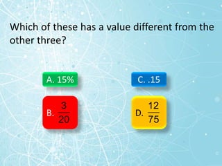 Which of these has a value different from the
other three?
A. 15%
B.
C. .15
D.
20
3
75
12
 