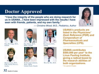 Doctor Approved
32 Health & Freedom
“I love the integrity of the people who are doing research for
us in USANA…I have been impressed with the results I have
seen with friends, patients, and my own family.”
— Christine Wood, M.D., Pediatrics, Author
USANA’s products are
listed in the Physicians’
Desk Reference (PDR) and
Compendium of
Pharmaceuticals and
Specialties (CPS).
USANA contributes
$500,000 per year* to the
Linus Pauling Institute,
giving a radical boost to
the research abilities of
both organizations.
* For a period of 10 years
 