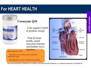 For HEART HEALTH
Why CoQuinone-30TM
 Clinically-proven to deliver more CoQ10 than
competing products
 With alpha lipoic acid for maximum bioavailability
Coenzyme Q10
•
Cells require CoQ10
to produce energy
•
Vital for heart
health, sound
muscular function
and healthy nerve
function.
cardiovascular
There are NO APPROVED THERAPEUTIC CLAIMS for UHS Essential Health Philippines, Inc. nutritional supplements in the Philippines.
 