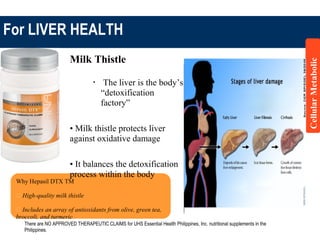 For LIVER HEALTH
Why Hepasil DTX TM
 High-quality milk thistle
 Includes an array of antioxidants from olive, green tea,
broccoli, and turmeric
Milk Thistle
•
The liver is the body’s
“detoxification
factory”
• Milk thistle protects liver
against oxidative damage
• It balances the detoxification
process within the body
CellularMetabolic
There are NO APPROVED THERAPEUTIC CLAIMS for UHS Essential Health Philippines, Inc. nutritional supplements in the
Philippines.
 