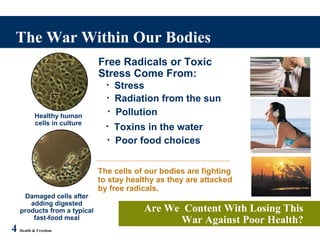 4 Health & Freedom
Are We Content With Losing This
War Against Poor Health?
The War Within Our Bodies
Healthy human
cells in culture
Damaged cells after
adding digested
products from a typical
fast-food meal
The cells of our bodies are fighting
to stay healthy as they are attacked
by free radicals.
Free Radicals or Toxic
Stress Come From:
• Pollution
• Toxins in the water
• Poor food choices
• Stress
• Radiation from the sun
 
