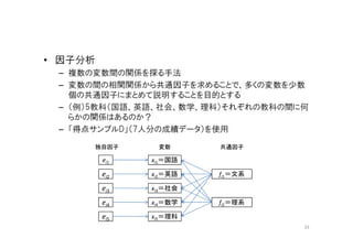 • 因子分析
 – 複数の変数間の関係を探る手法
 – 変数の間の相関関係から共通因子を求めることで、多くの変数を少数
   個の共通因子にまとめて説明することを目的とする
 – （例）5教科（国語、英語、社会、数学、理科）それぞれの教科の間に何
   らかの関係はあるのか？
 – 「得点サンプルD」（7人分の成績データ）を使用

      独自因子      変数      共通因子

         ei1   xi1＝国語

         ei2   xi2＝英語   fi1＝文系

         ei3   xi3＝社会

         ei4   xi4＝数学   fi2＝理系

         ei5   xi5＝理科
                                   33
 