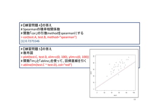# 【練習問題 4】の答え
# Spearmanの積率相関係数
# 関数「cor」の引数methodをspearmanにする
> cor(test.A, test.B, method=“spearman")
[1] 0.7275546

# 【練習問題 5】の答え
# 散布図
> plot(test.C, test.D, xlim=c(0, 100), ylim=c(0, 100))
# 関数「lm」と「abline」を使って、回帰直線を引く
> abline(lm(test.C ~ test.D), col="red")




                                                         48
 