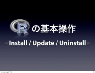   の基本操作
       -Install / Update / Uninstall-



Tuesday, August 7, 12                   20
 