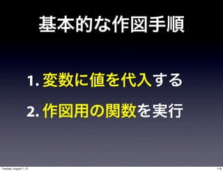 基本的な作図手順


                   1. 変数に値を代入する
                   2. 作図用の関数を実行


Tuesday, August 7, 12              119
 
