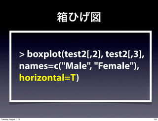 箱ひげ図


                    > boxplot(test2[,2], test2[,3],
                    names=c("Male", "Female"),
                    horizontal=T)


Tuesday, August 7, 12                                 125
 