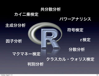 共分散分析
                        カイ二乗検定
                                     パワーアナリシス
        主成分分析
                                         符号検定

         因子分析                               t 検定

                                         分散分析
                    マクマネー検定
                                  クラスカル・ウォリス検定
                           判別分析

Tuesday, August 7, 12                              135
 