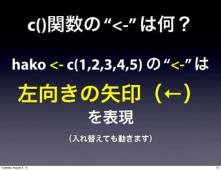 c()関数の “<-” は何？

        hako <- c(1,2,3,4,5) の “<-” は

            左向きの矢印（←）
                          を表現
                        （入れ替えても動きます）


Tuesday, August 7, 12                   57
 